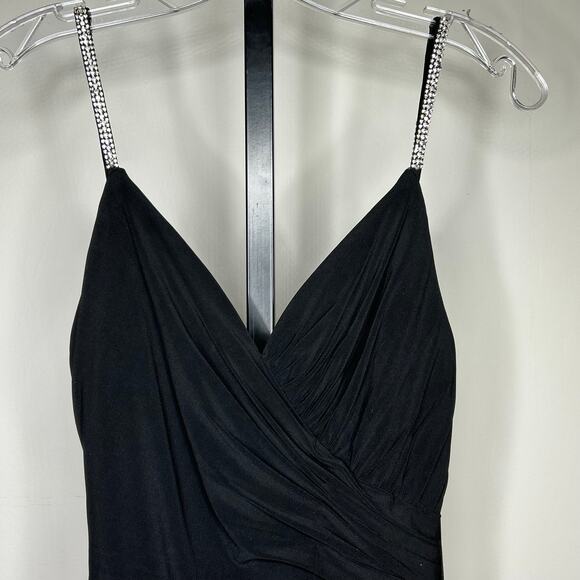 Ieena for MacDuggal gown-size 0-black rhinestone spaghetti strap high slit - Picture 4 of 8